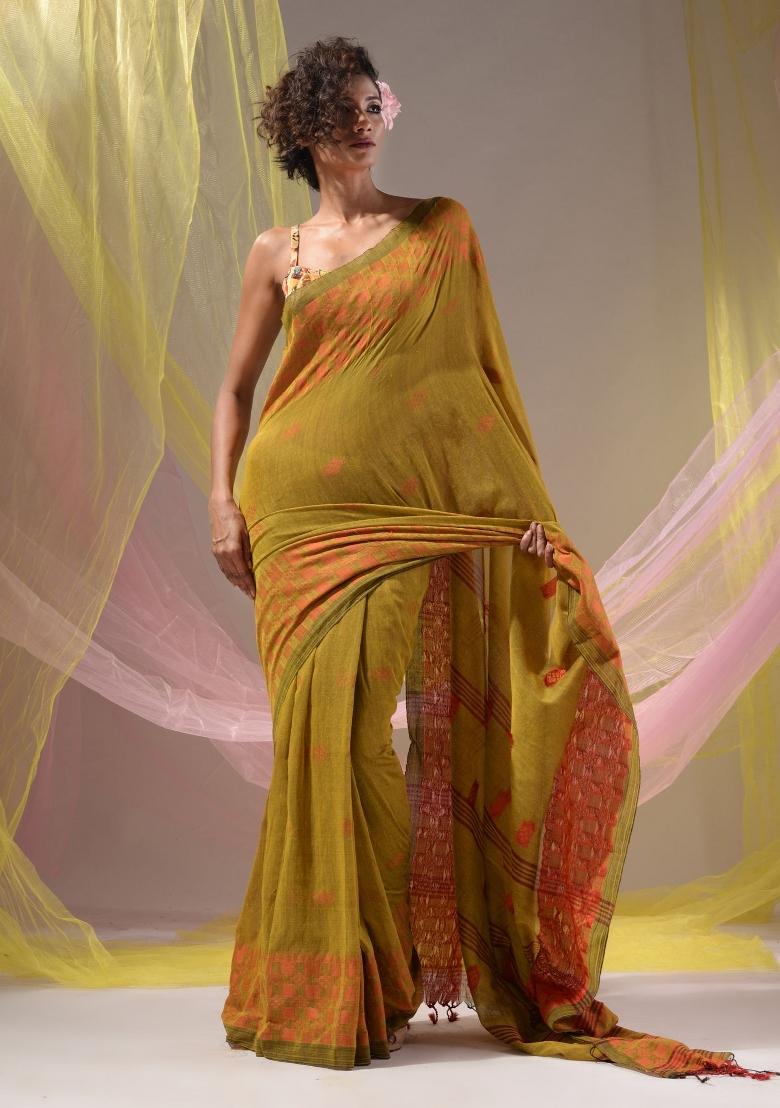 Mustard Floral Embroidery Cotton Saree Set - Indya
