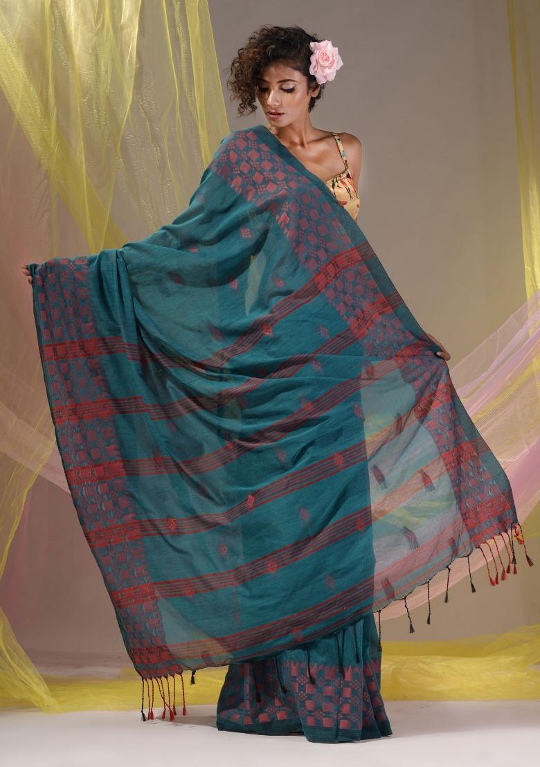 Teal Floral Embroidery Cotton Saree Set