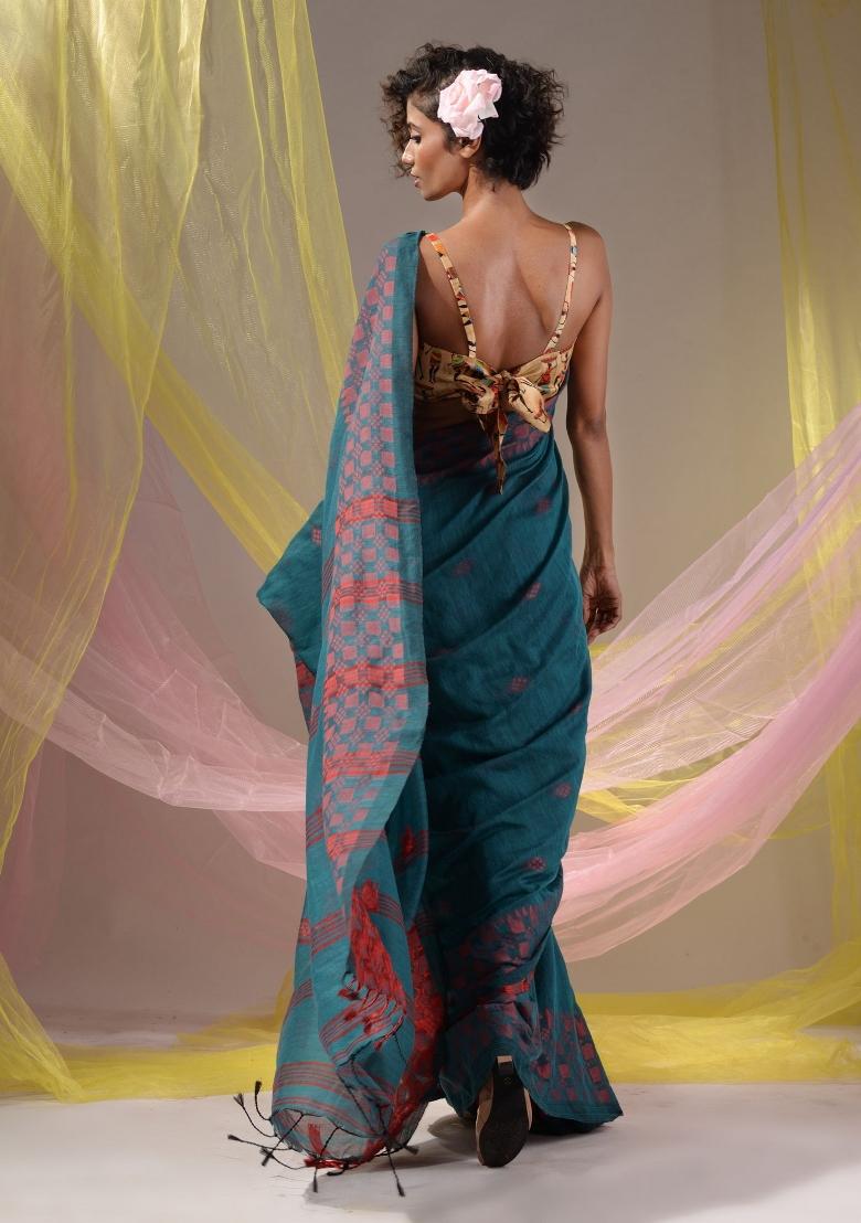 Teal Floral Embroidery Cotton Saree Set