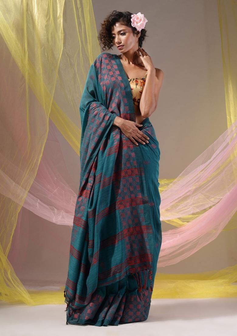 Teal Floral Embroidery Cotton Saree Set