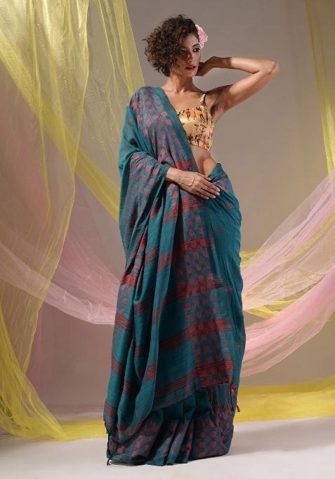 Teal Floral Embroidery Cotton Saree Set