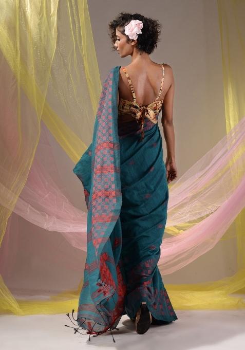 Teal Floral Embroidery Cotton Saree Set