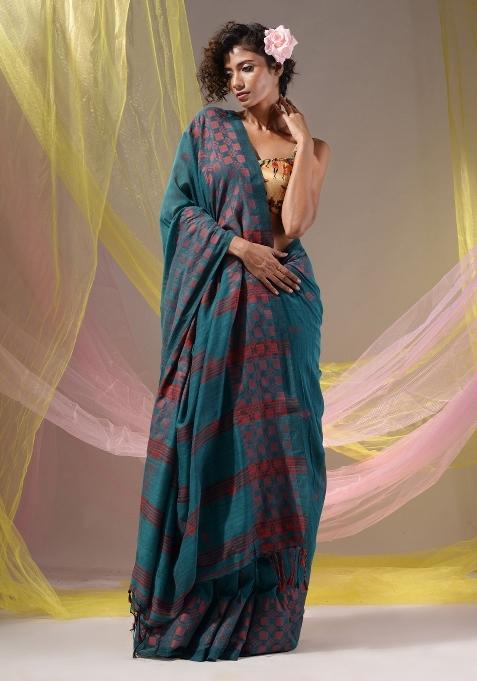 Teal Floral Embroidery Cotton Saree Set