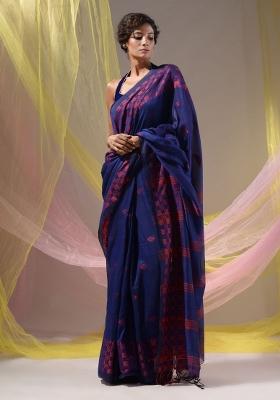 Indigo Floral Embroidery Cotton Saree Set
