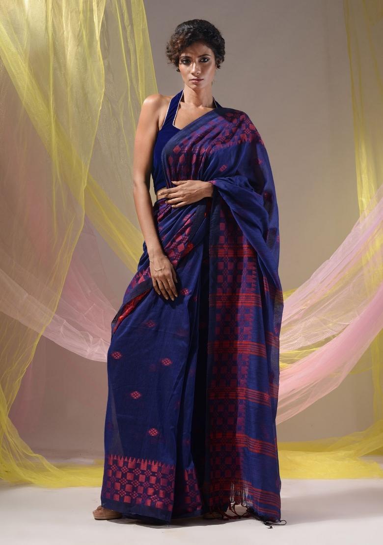 Indigo Floral Embroidery Cotton Saree Set - Indya