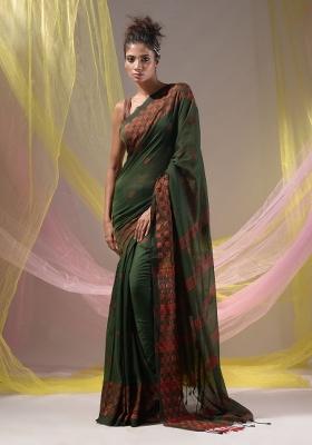 Forest Green Floral Embroidery Cotton Saree Set