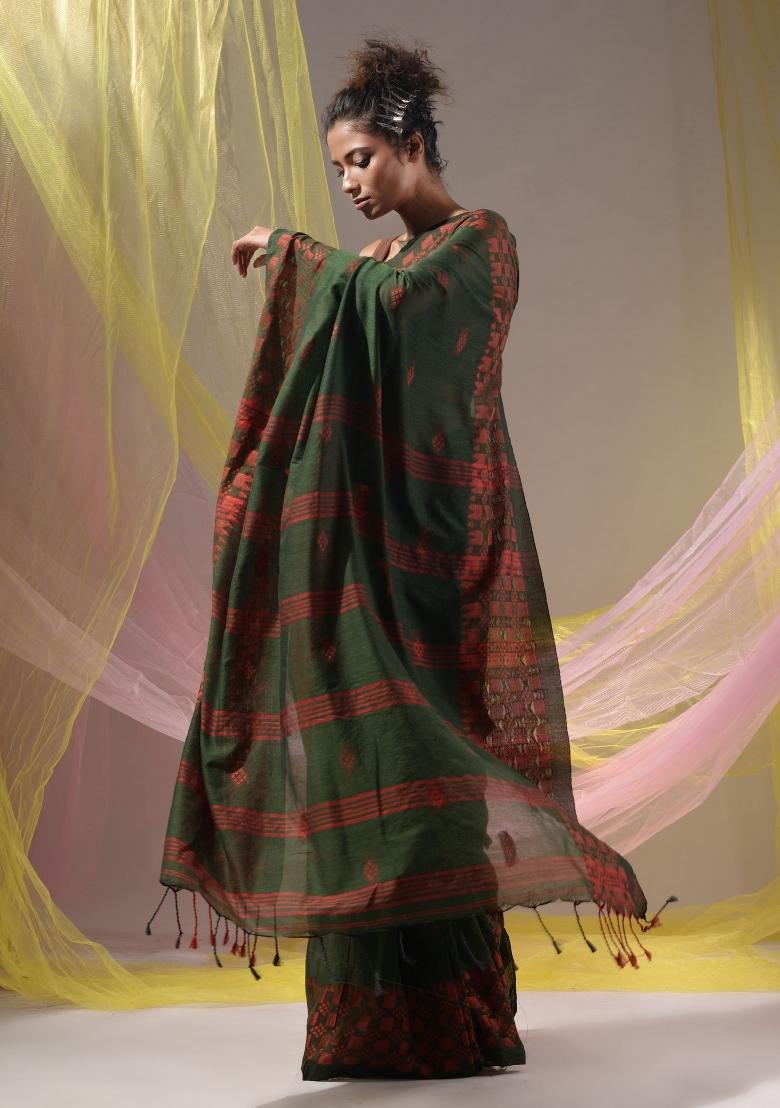 Forest Green Floral Embroidery Cotton Saree Set - Indya