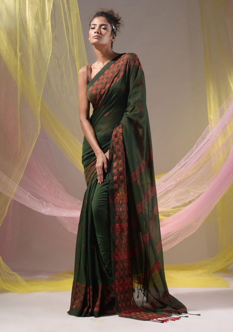 Forest Green Floral Embroidery Cotton Saree Set - Indya