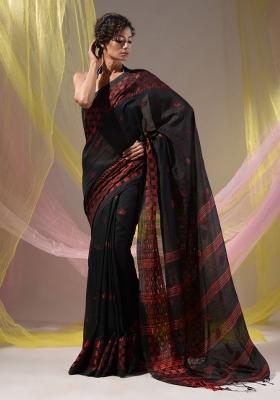 Black Floral Embroidery Cotton Saree Set