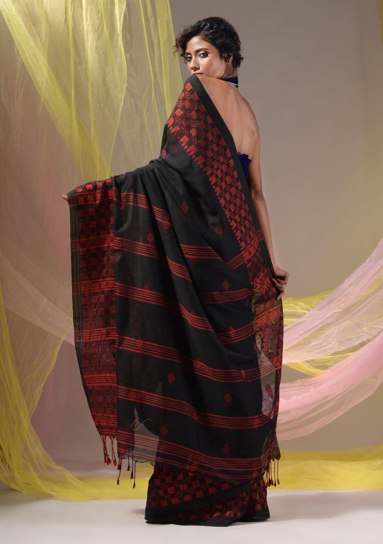 Black Floral Embroidery Cotton Saree Set - Indya