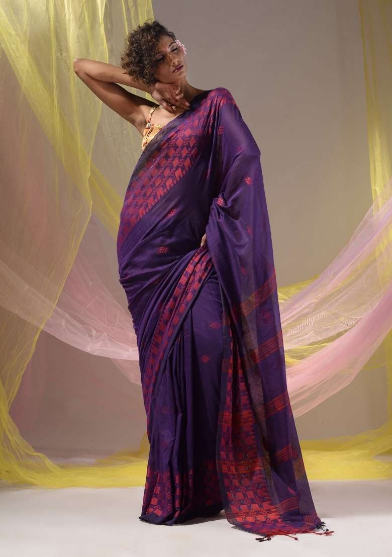 Purple Floral Embroidery Cotton Saree Set for Diwali and Festive Wear - Indya