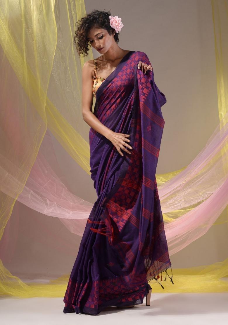 Purple Floral Embroidery Cotton Saree Set - Indya