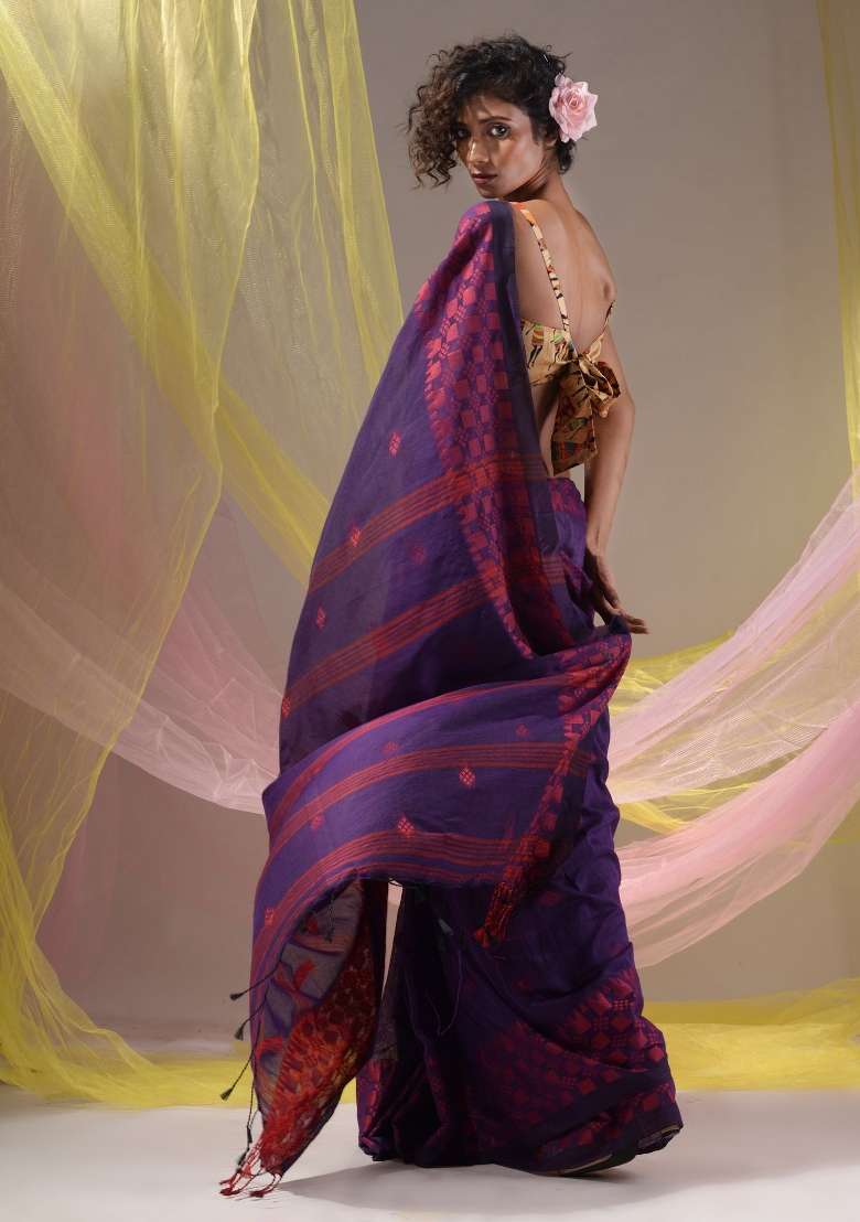 Purple Floral Embroidery Cotton Saree Set for Diwali and Festive Wear - Indya