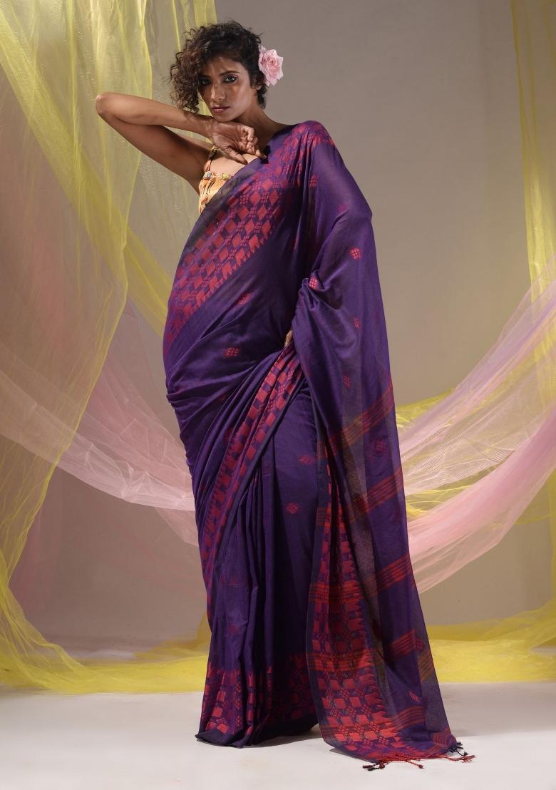Purple Floral Embroidery Cotton Saree Set - Indya