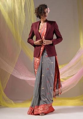 Grey Floral Embroidery Cotton Saree Set