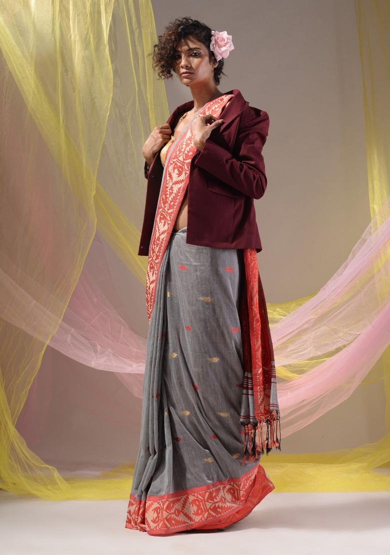 Grey Floral Embroidery Cotton Saree Set - Indya