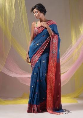 Yale Blue Floral Embroidery Cotton Saree Set