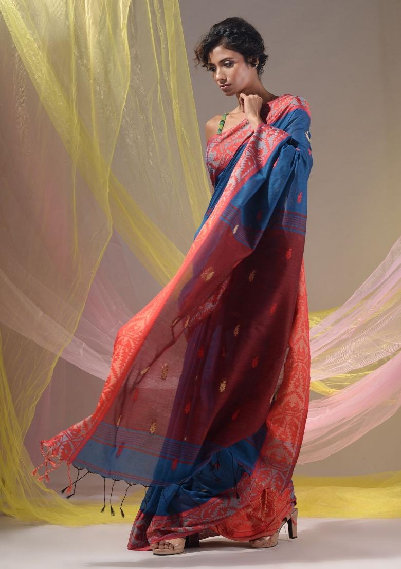 Yale Blue Floral Embroidery Cotton Saree Set - Indya