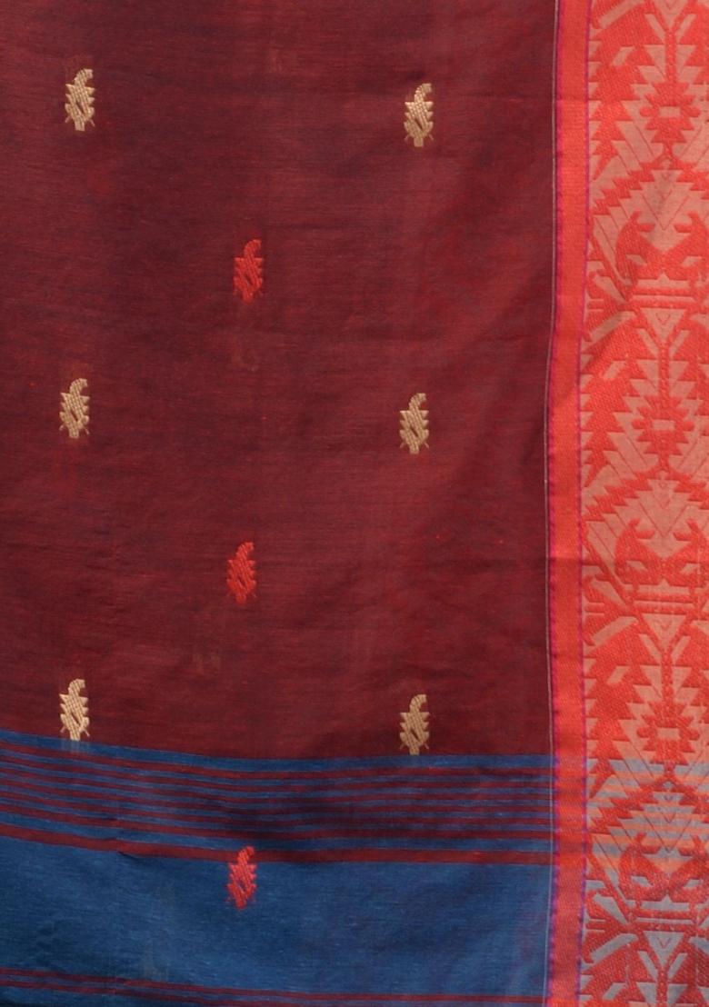 Yale Blue Floral Embroidery Cotton Saree Set - Indya