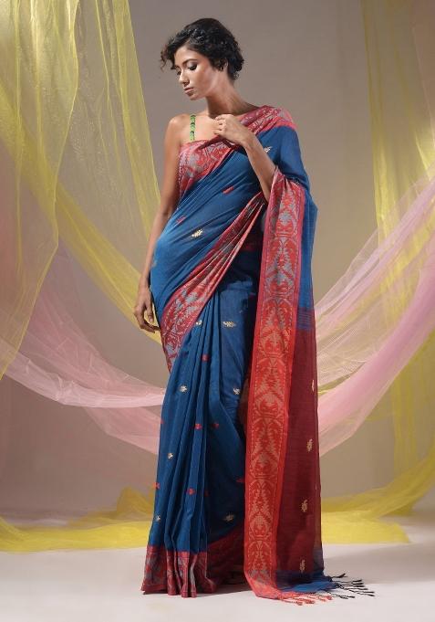 Yale Blue Floral Embroidery Cotton Saree Set