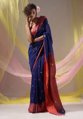 Blue Floral Embroidery Cotton Saree Set