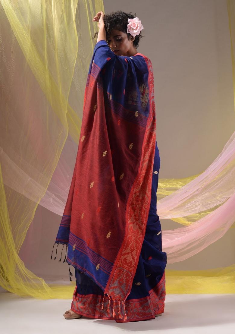 Blue Floral Embroidery Cotton Saree Set - Indya