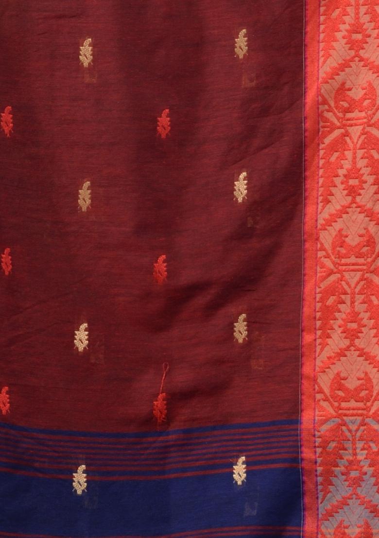 Blue Floral Embroidery Cotton Saree Set - Indya