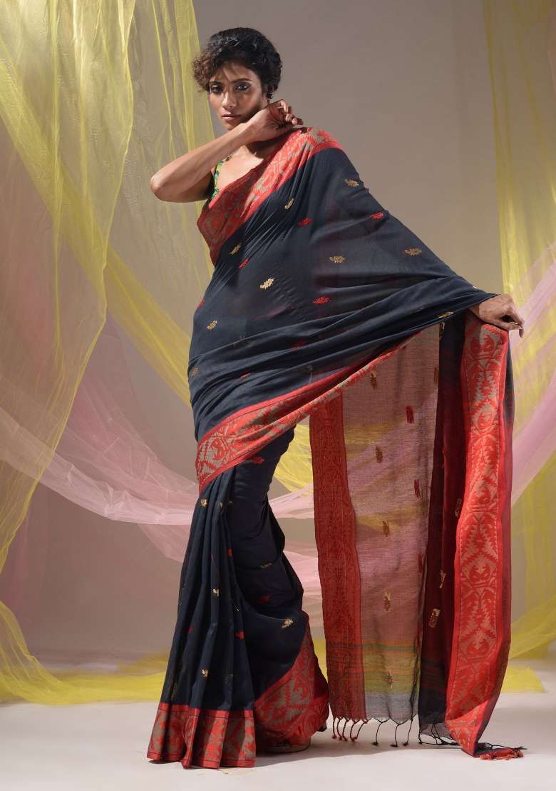 Licorise Black Floral Embroidery Cotton Saree Set - Indya