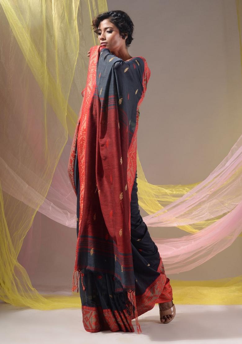 Licorise Black Floral Embroidery Cotton Saree Set - Indya