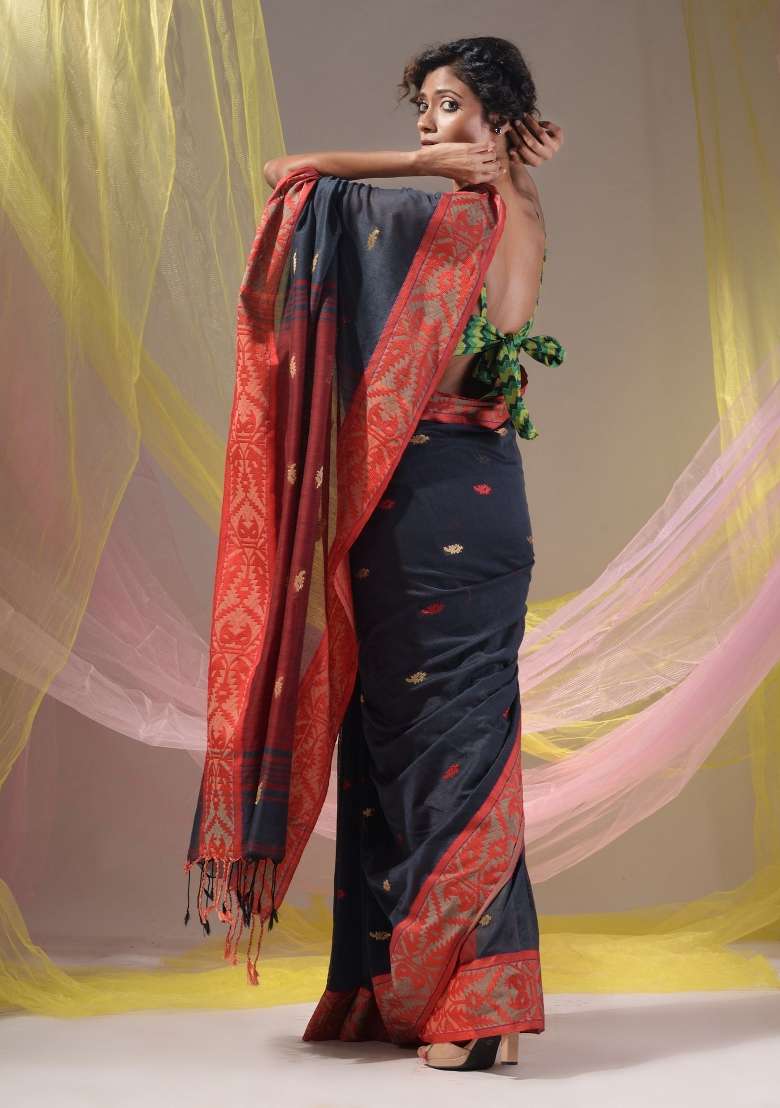 Licorise Black Floral Embroidery Cotton Saree Set - Indya