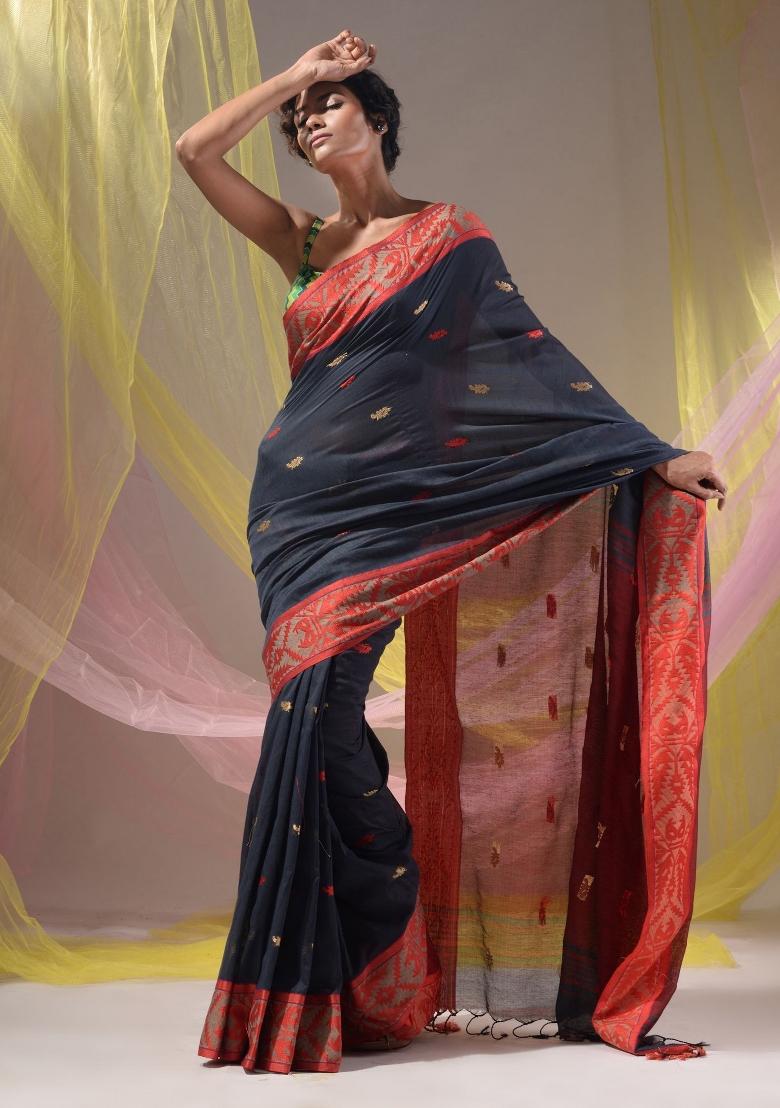 Licorise Black Floral Embroidery Cotton Saree Set - Indya