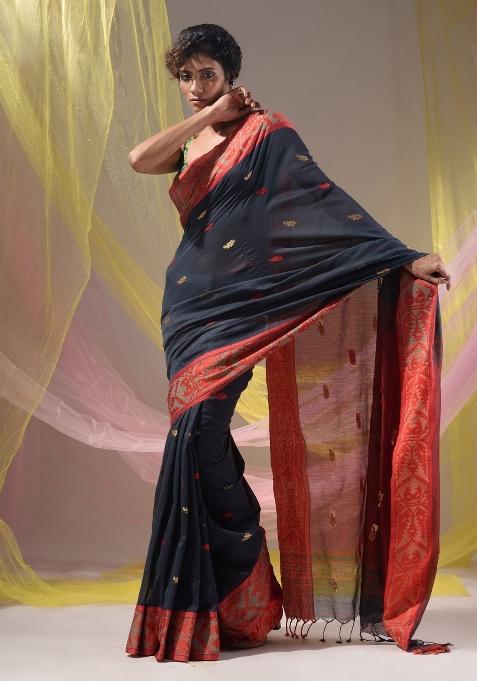 Licorise Black Floral Embroidery Cotton Saree Set