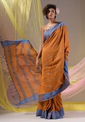 Honey Yellow Floral Embroidery Cotton Saree Set