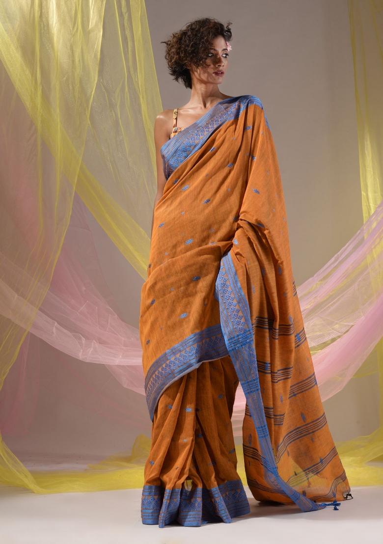 Honey Yellow Floral Embroidery Cotton Saree Set - Indya