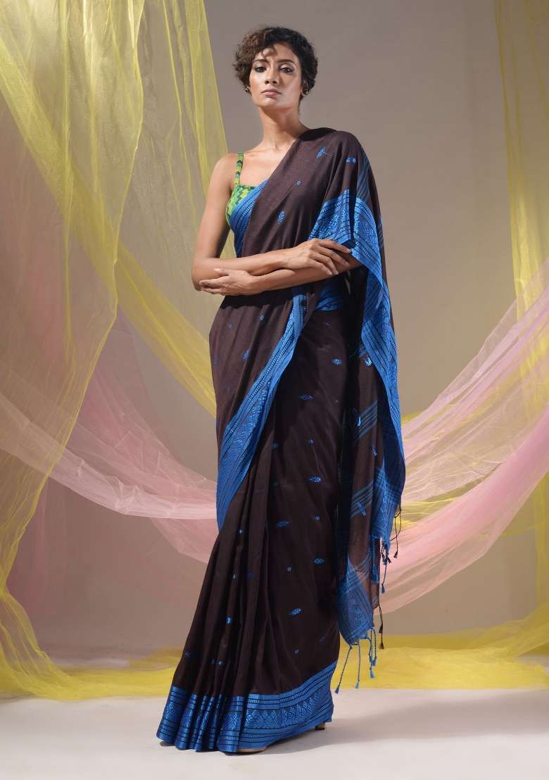 Mocha Brown Floral Embroidery Cotton Saree Set for Diwali and Festive Wear - Indya