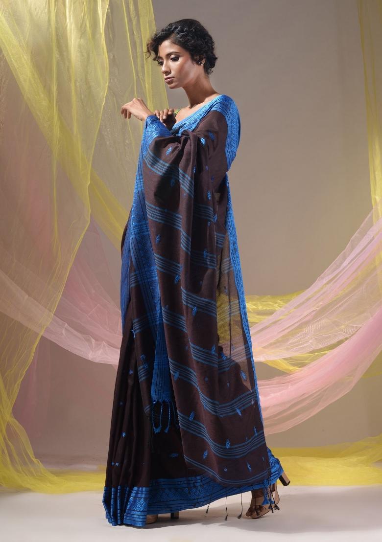 Mocha Brown Floral Embroidery Cotton Saree Set - Indya