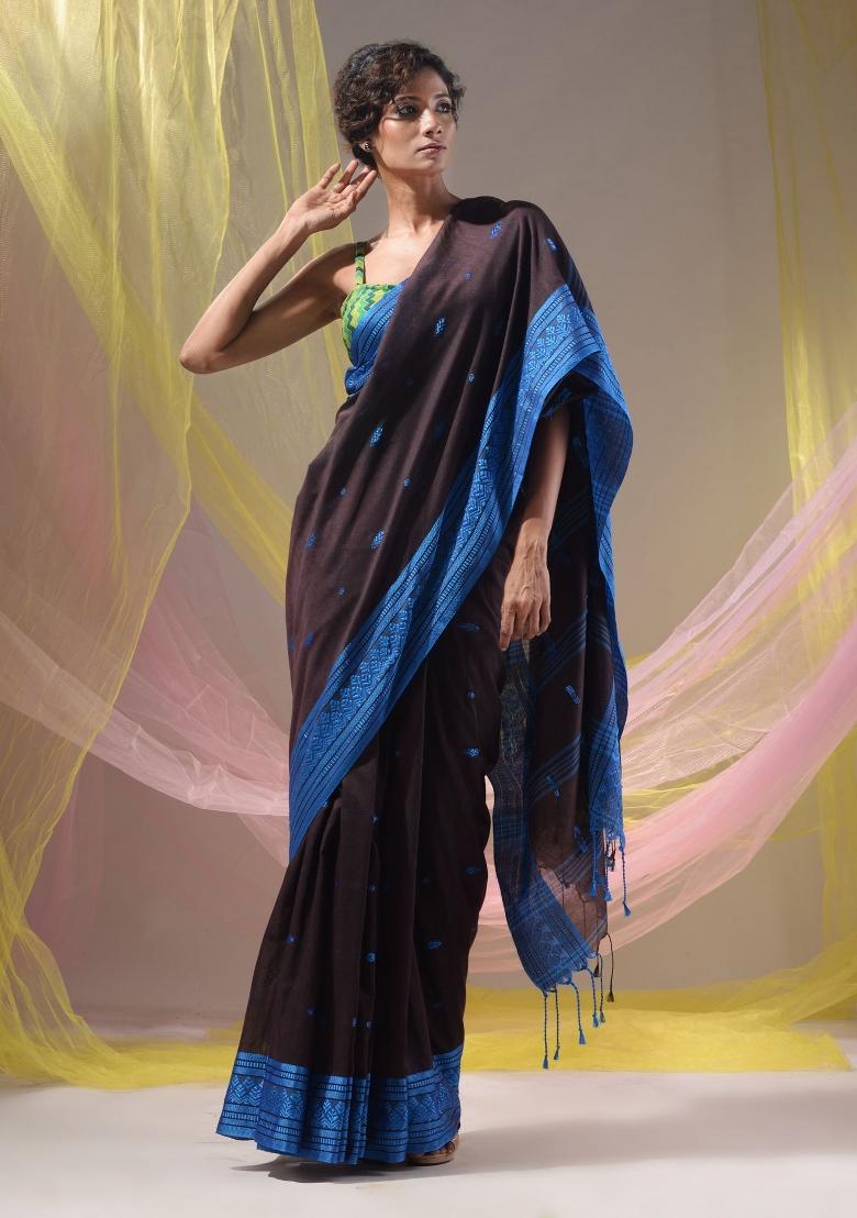 Mocha Brown Floral Embroidery Cotton Saree Set - Indya