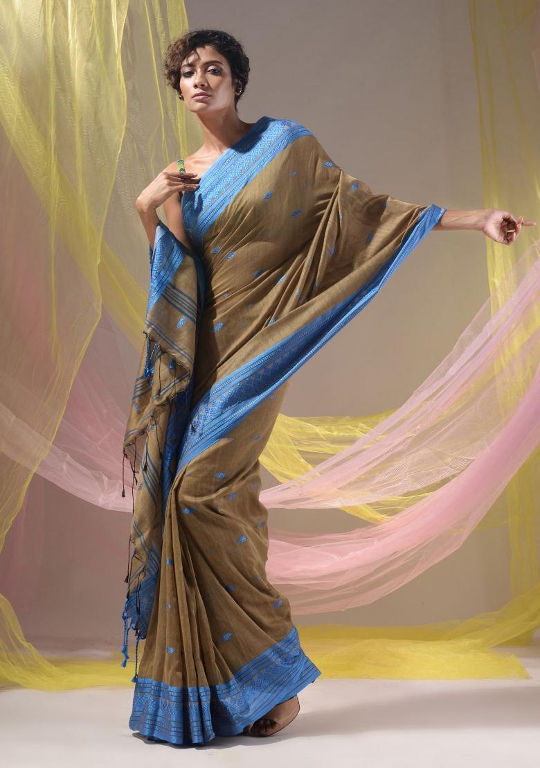 Ecru Floral Embroidery Cotton Saree Set