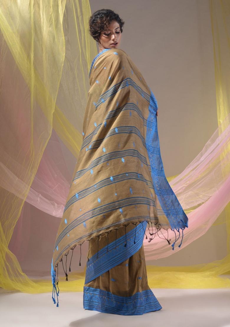 Ecru Floral Embroidery Cotton Saree Set