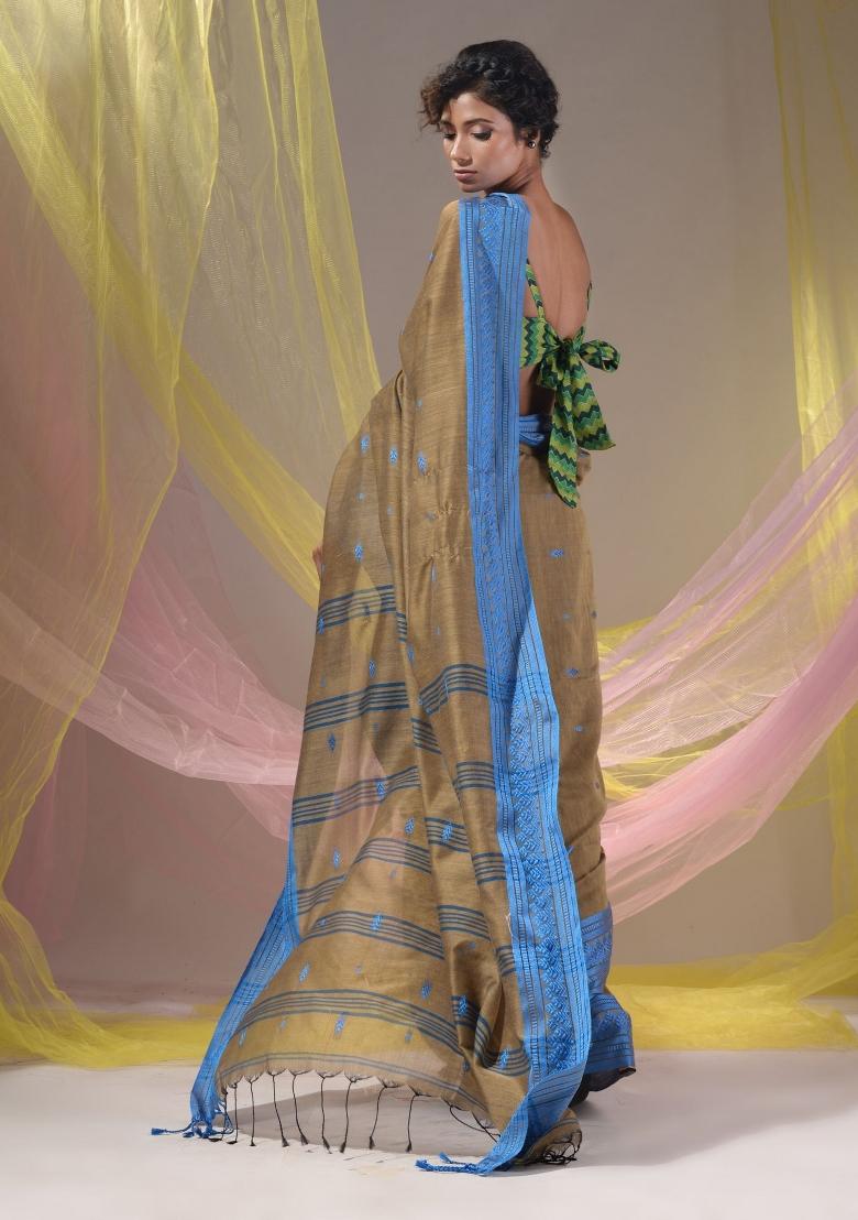 Ecru Floral Embroidery Cotton Saree Set