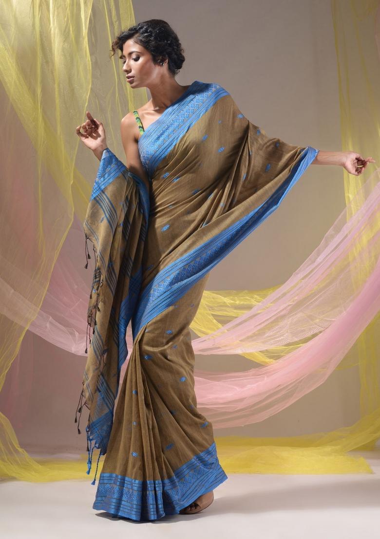 Ecru Floral Embroidery Cotton Saree Set