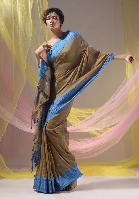 Ecru Floral Embroidery Cotton Saree Set