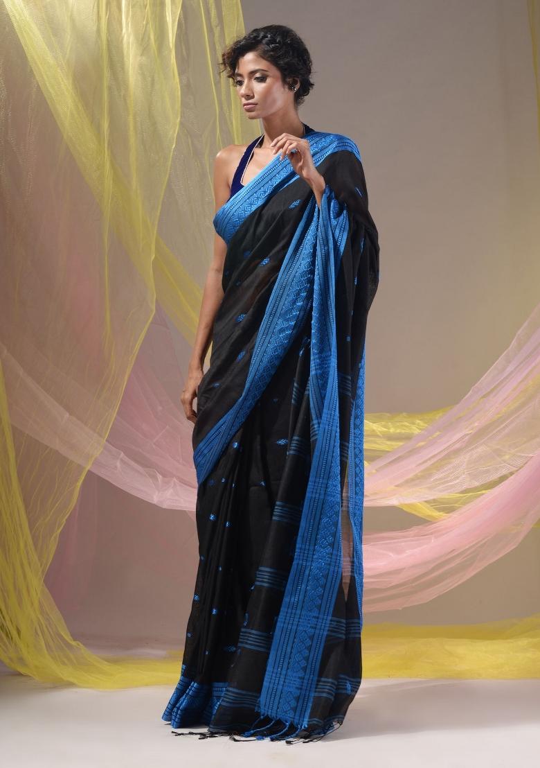 Black Floral Embroidery Cotton Saree Set - Indya