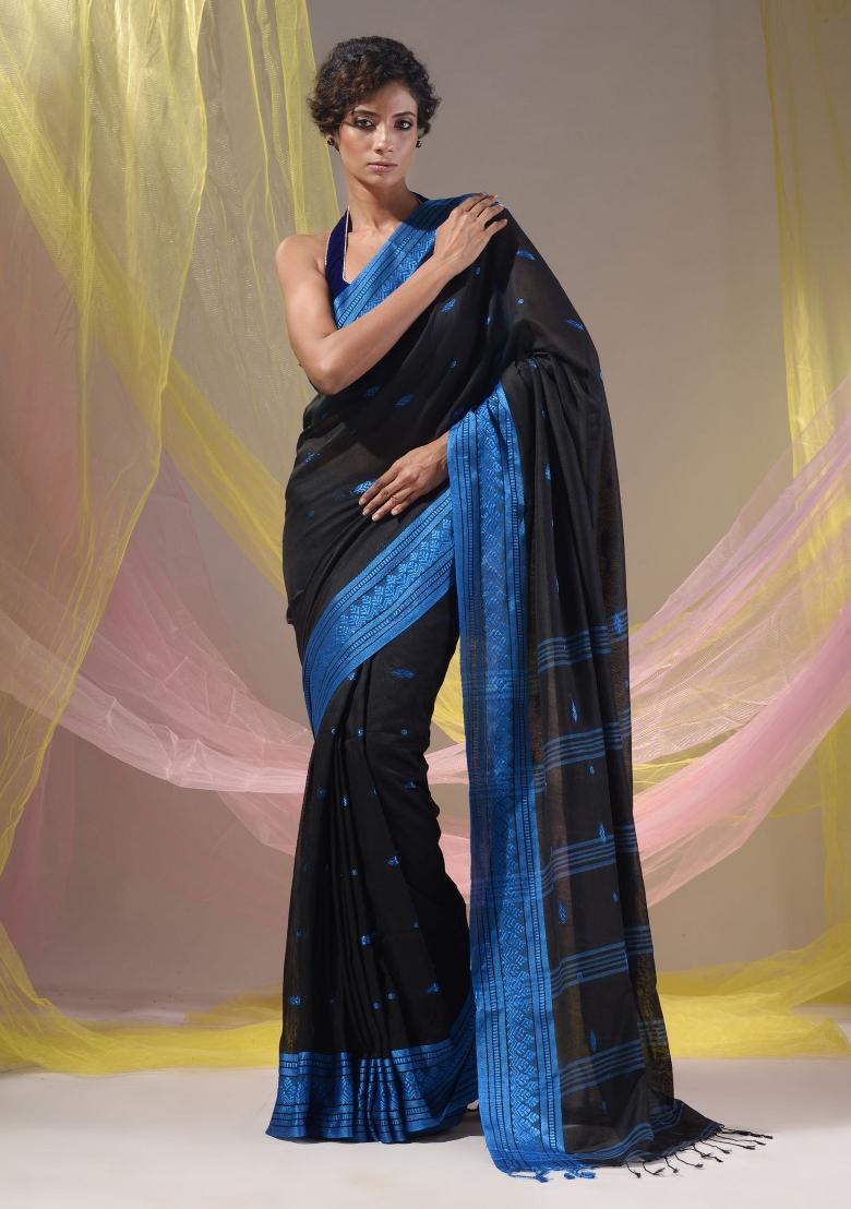 Black Floral Embroidery Cotton Saree Set - Indya
