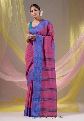 Purple Floral Embroidery Cotton Saree Set