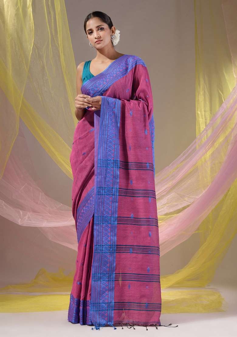 Purple Floral Embroidery Cotton Saree Set - Indya