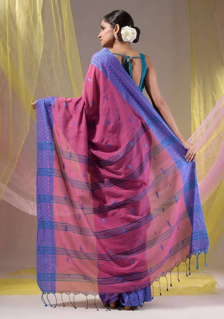 Purple Floral Embroidery Cotton Saree Set - Indya