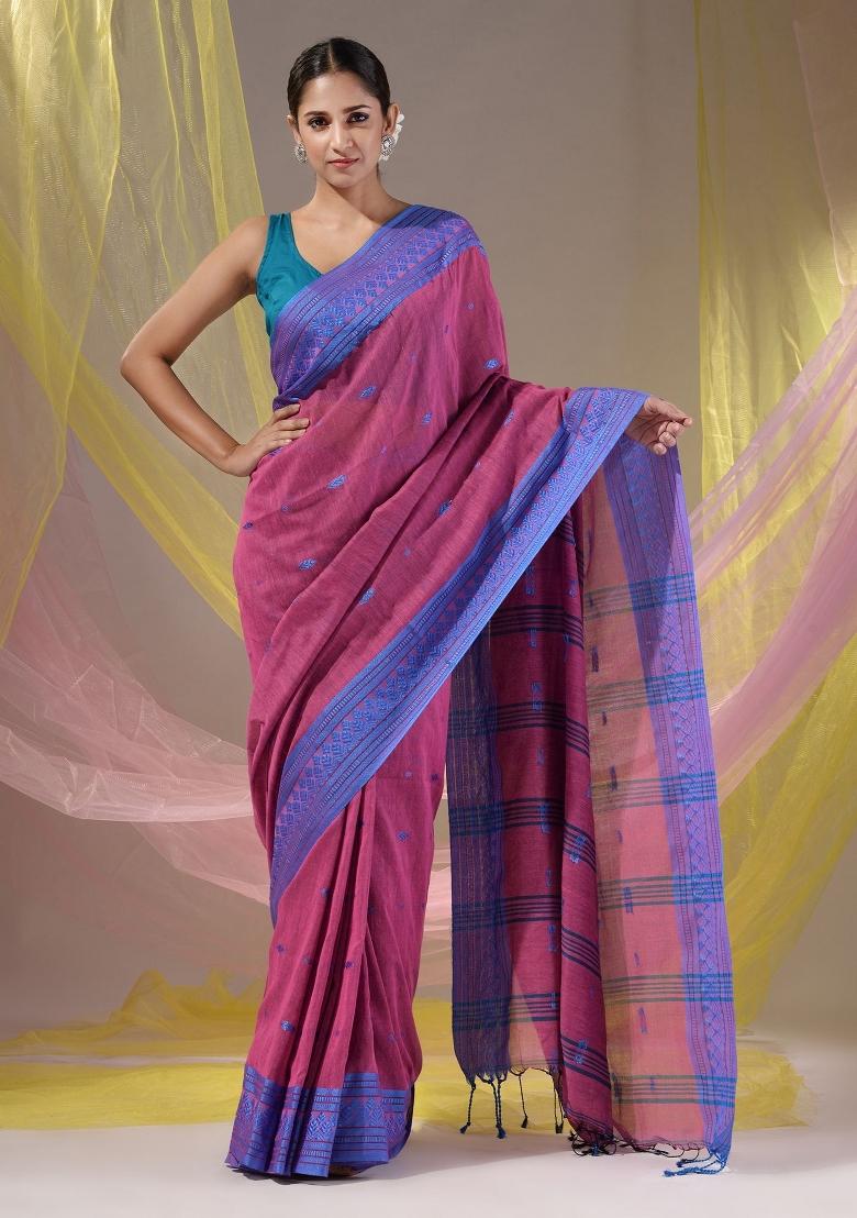 Purple Floral Embroidery Cotton Saree Set - Indya