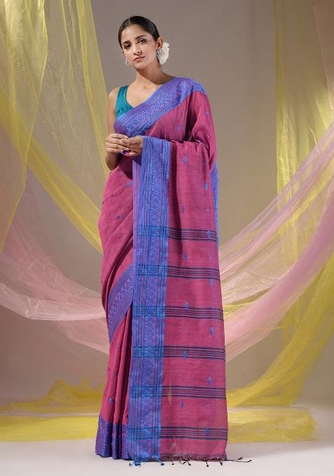 Purple Floral Embroidery Cotton Saree Set