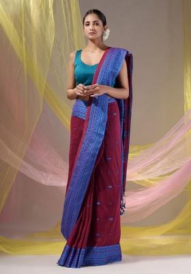 Magenta Floral Embroidery Cotton Saree Set